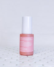 Load image into Gallery viewer, Papaya + Vitamin C Exfoliating Serum in a glass coral colored bottle with a white cap. The bottle is facing backwards so that you can see the label of this glowing facial serum that is pinky salmon colored with white text. The text has the usage instructions, ingredients and ALOPOP address/website. The serum bottle is sitting on geometric white tiles with a white background behind it. 
